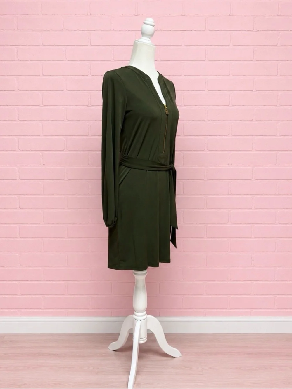 Michael Kors Women's Olive Green Zip-Front Tie-Waist Dress